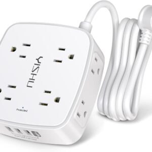6 Ft Surge Protector Power Strip with 8 Widely Spaced Outlets & 4 USB Ports – Flat Plug Extension, Multi-Safety Protection, Wall Mountable Charging Station