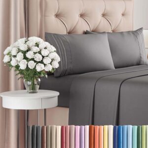 Queen Size 4‑Piece Sheet Set – Soft & Breathable Microfiber Bed Sheets with Deep Pockets & Wrinkle-Free Finish (Dark Grey, Queen)
