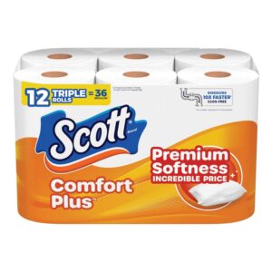 Scott ComfortPlus Toilet Paper, 12 Double Rolls (24 Regular Rolls), 231 Sheets Per Roll, Septic-Safe 1-Ply Bath Tissue